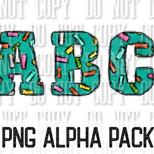 May include: A set of three turquoise letters, A, B, and C, with a confetti pattern. The letters are outlined in black and have a textured look. The letters are on a white background. PNG ALPHA PACK is written in black below the letters.