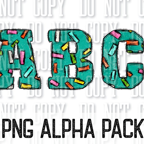 Turquoise Sprinkles Doodle Varsity Letters Alpha Pack Sublimation DTF PNG Cute Sprinkle Letters Doodle Alphabet Letters Baking Valentine's