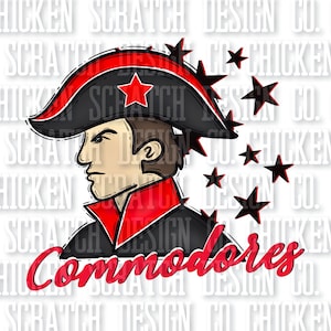 May include: A red, white, and blue illustration of a person wearing a tricorn hat with a red star on the hat. The person is looking to the right. The text "Commodores" is written in red below the person. The background is white with black stars.