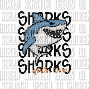 AANGEPASTE Sharks Town mascotte school geest sublimatie DTF PNG digitale download doodle mascotte school geest ontwerp school sublimatie ontwerp