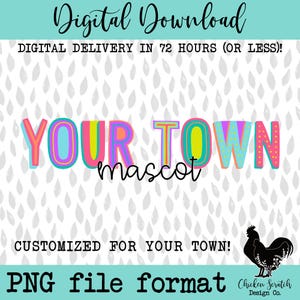 Benutzerdefinierte Stadt und Maskottchen Schulgeist Sublimation DTF PNG Digitaler Download Design Neon Buchstaben Heller Schulgeist Design Schule Funky Retro