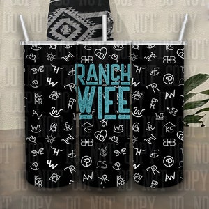 Ranch Wife Cattle and Brands Seamless 20oz Tumbler Wrap Western Sublimation Tumblers Turquoise White PNG Digital Download Punchy Exclusive