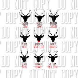 May include: A white background features black reindeer silhouettes with red text. Each reindeer has a different name, such as "Dasher Stew," "Comet Burgers," and "Blitzen Back Strap." The phrase "DO NOT COPY" is repeated.