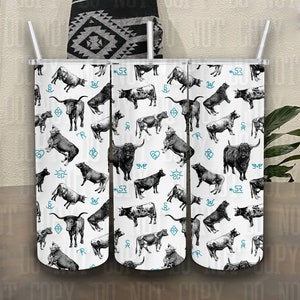 Cattle and Brands Seamless 20oz Tumbler Wrap Western Sublimation Tumblers Turquoise White PNG Digital Download Punchy Country Exclusive