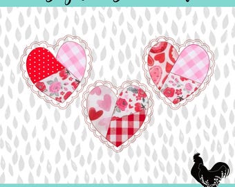 Patchwork Valentine's Day Hearts with Scallop Edge Cross Embroidery File with Bean Stitch