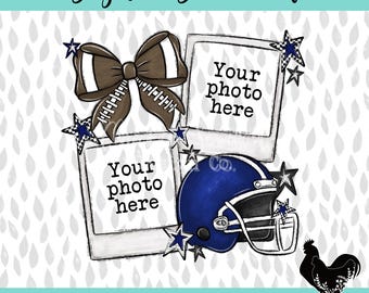 Blue Football Picture Frames Polaroid Sublimation PNG Football Mama Check Design Cute Customized Stars Bow PNG DTF Travel Select Team Royal