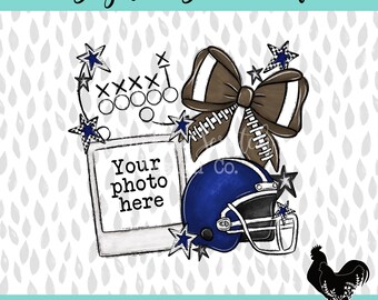 Blue Football Picture Frame Polaroid Sublimation PNG Football Mama Check Design Cute Customized Stars Bow PNG DTF Travel Select Team Royal