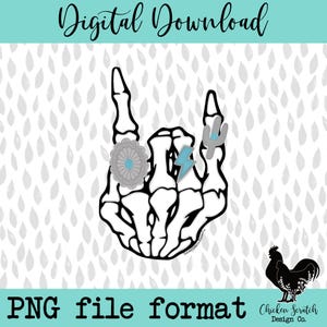 May include: A digital download of a black and white skeleton hand making the rock and roll hand gesture. The hand has a blue flower, a lightning bolt, and a cactus on it. The image is on a light blue background with a white raindrop pattern.