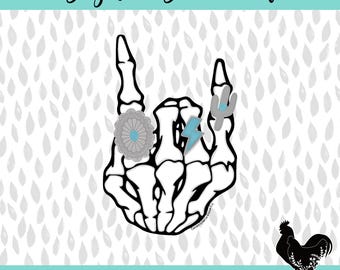 Western Skeleton Hand Rock On Sublimation PNG Western Skeleton Hand Turquoise Lightning Bolt Silver Concho Cactus Ring Western Skull Hand