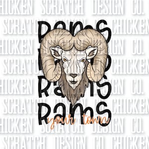 Könnte beinhalten: Schwarzweißes Grafikdesign mit einem Widderkopf mit braunen Hörnern und dem Text "Rams your town".
