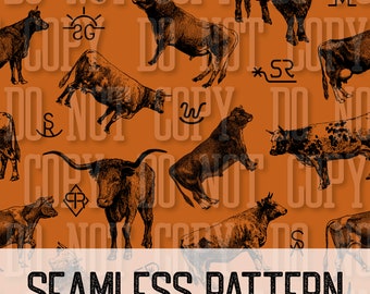 Cattle and Brands Seamless Pattern Western Sublimation Tumblers Burnt Orange Longhorn PNG Digital Download Punchy Country Highland Exclusive