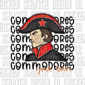 May include: A black and white illustration of a person wearing a red and black uniform with a red star on their hat. The text "Commodores" is written in black with the words "your town" in orange below it.