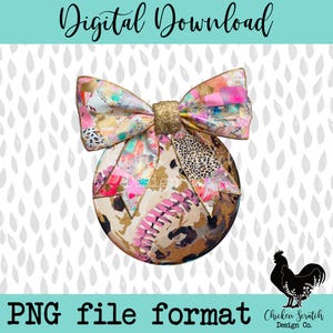 May include: A digital download of a colorful Christmas ornament with a gold bow. The ornament is decorated with a variety of patterns, including leopard print, floral, and abstract designs. The background is a white and gray pattern of raindrops. The text "Digital Download" is at the top of the image and "PNG file format" is at the bottom of the image. The text "Chicken Scratch Design Co." is in the lower right corner of the image.