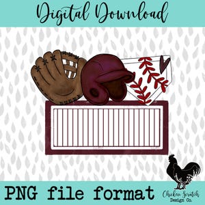 May include: A digital download of a baseball themed graphic with a catcher's mask, a baseball glove, a baseball home plate, and a scoreboard. The graphic is in shades of brown, red, and white. The text "Digital Download" is at the top of the image. The text "PNG file format" is at the bottom of the image. The text "Chicken Scratch Design Co." is at the bottom right of the image.