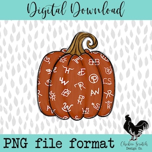May include: A brown pumpkin with a white stem and white lettering on the surface. The lettering includes various letters and symbols. The pumpkin is on a white background with a pattern of gray teardrops.