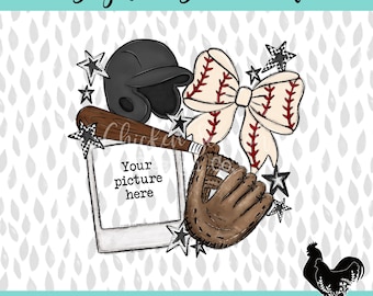 Baseball Picture Frame Polaroid Sublimation PNG Baseball Mama Check Design Cute Customized Stars Bow PNG DTF Travel Select Team