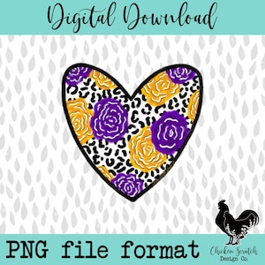 Floral Leopard Print Heart Hand Drawn Doodle Spirit Shirt Sublimation PNG Purple and Gold School Spirit Shirt Design for Women PNG