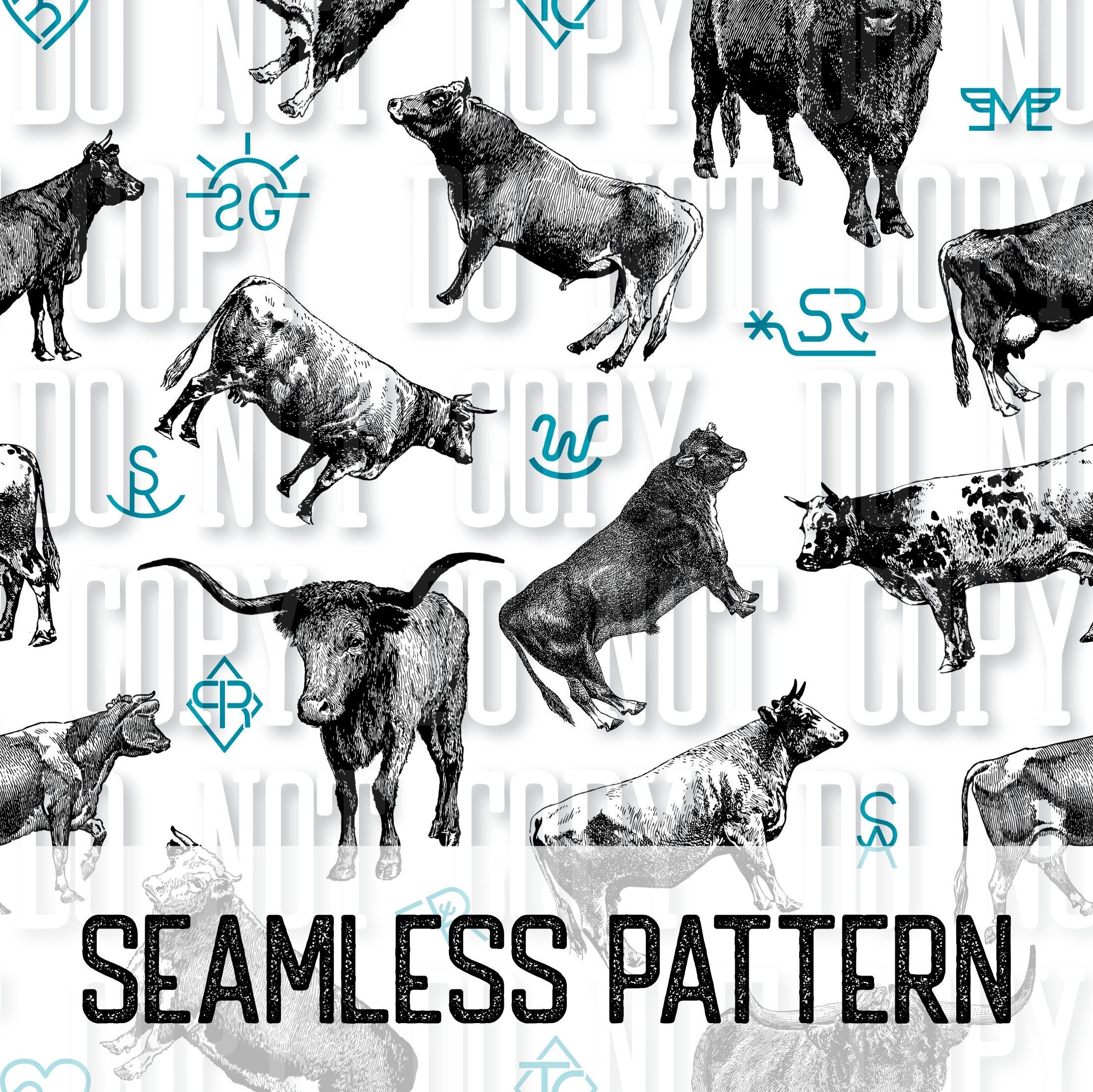 Cattle and Brands Seamless Pattern Western Sublimation Tumblers Turquoise White PNG Digital Download Punchy Country Exclusive