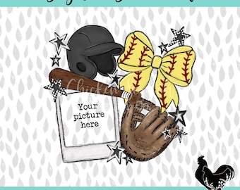 Softball Picture Frame Polaroid Sublimation PNG Softball Mama Check Design Cute Customized Stars Bow PNG DTF Travel Select Team