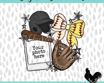 Baseball Softball Picture Frame Polaroid Sublimation PNG Mama of Both Check Design Cute Customized Stars Bow PNG DTF Travel Select Team