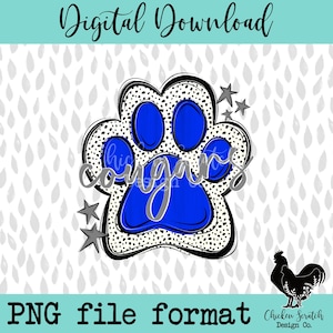 Cougars Paw Print School Spirit Sublimation DTF PNG Dalmatian Black and White Dot Print Print Cougars Cute School Blue White and Grey