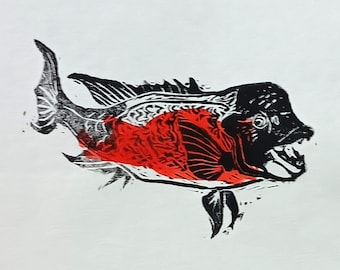 Pacific Sheephead - lino block print fish art
