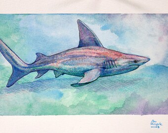 オリジナル水彩画とコラージュのサメと海の魚の地図 - Etsy 日本