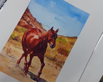 Horse in the Desert - Watercolor painting original mustang equestrian western desert