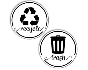 Rustic White & Black Trash Recycle Magnets for Kitchen Trash Can and Recycle Bin, Recycling Stickers for Garbage w/ Adhesives, Logo Symbols