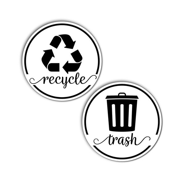 Rustic White & Black Trash Recycle Magnets for Kitchen Trash Can and Recycle Bin, Recycling Stickers for Garbage w/ Adhesives, Logo Symbols