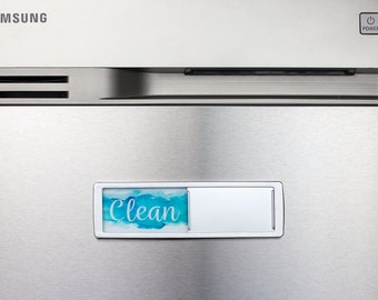 Aqua Watercolor Clean Dirty Dishwasher Magnet, Universal Slide Dish Washer Indicator, Includes Adhesive Stickers, Kitchen Dish Sign