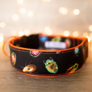 Könnte beinhalten: Ein schwarzes Hundehalsband mit orangefarbenem Besatz und einem bunten Käfermuster.