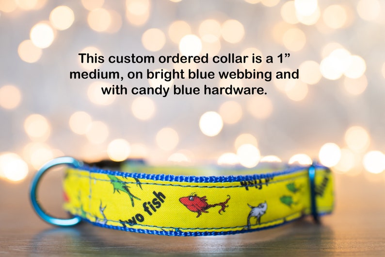 May include: A yellow dog collar with a blue border and a "Two Fish" print. The collar is 1 inch wide and has bright blue webbing and candy blue hardware.