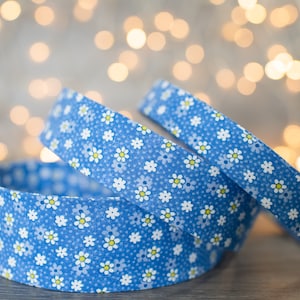 May include: Three rolls of blue and white floral patterned ribbon. The ribbon is a light blue color with a white daisy pattern.