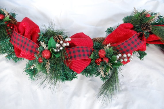 Christmas Garland W Buffalo Ribbon For Mantle Staircase Etsy