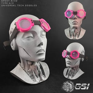 May include: Pink Universal Tech Goggles, shown on a grey mannequin head. The goggles feature a black strap and a mesh pattern on the lenses. The text "SPEKT-R/V2 TYPE:A/X UNIVERSAL TECH GOGGLES" is visible.