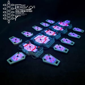 May include: A collection of futuristic, sci-fi style spine augmentation devices. The devices are primarily blue and gray with glowing purple and red accents. The text "EXO // VI" and "Spine Augmentation" is visible.