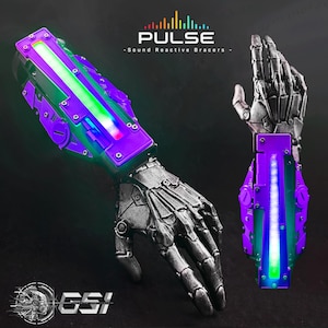 May include: A futuristic sound reactive bracer with a robotic hand. The bracer is purple and green with a glowing light strip. The text "PULSE - Sound Reactive Bracers" is visible.