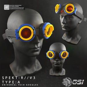 May include: Blue, yellow, and red tech goggles, displayed on mannequin heads. The goggles have a circular lens design and a strap. The text "SPEKT-R//V3 TYPE: A UNIVERSAL TECH GOGGLES" is visible.