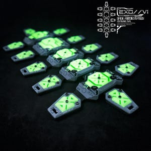 May include: A selection of grey and black tech components with luminous green highlights. The components are arranged on a dark surface. The text "EXO//V1 SPINE AUGMENTATION STANDARD TYPE" is visible in the upper right corner.