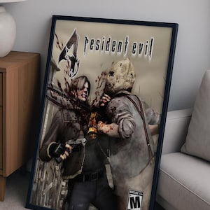 May include: Framed Resident Evil 4 video game poster. The artwork depicts a violent scene with two figures, one holding a gun. The poster features the game's logo and is rated Mature 17+. The poster is in a black frame.