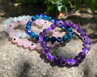 Natural Healing Stone Evil Eye Bracelet / Amethyst / Rose Quartz / Tiger Eye / Glass Stone Bracelet / Evil Eye Bracelet / Anxiety Relief