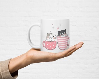 Cute Cats in Mugs White Glossy Mug / Valentine's Day Gifts for Cat Lover