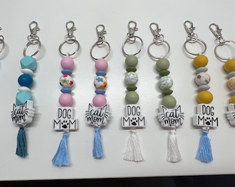 Silicone Beaded Keychain with Dog Mom or Cat Mom Bead and Tassel and Clip / Trending / Silicone Keychain / Cat Lover / Dog Lover / Pet Mom