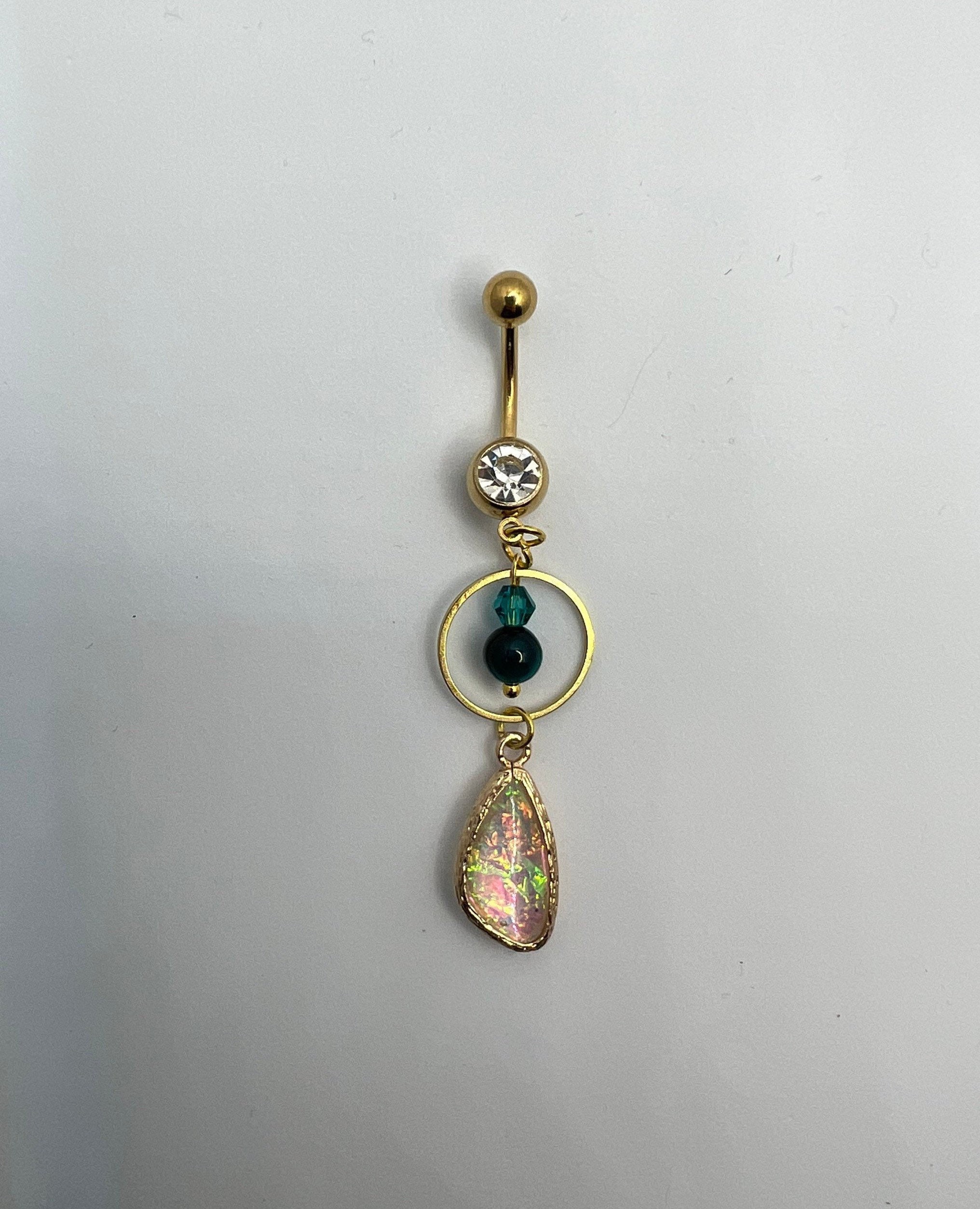 Gold Plated Clear Crystal Belly Ring with Turquoise Themed Bead and Charm