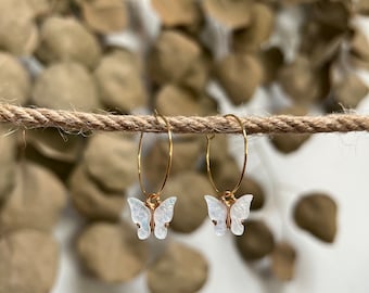 Dangling Hoop Earrings with Opal Inspired Butterfly Charm / Butterfly Earrings / Opal Butterfly / Trending Earrings