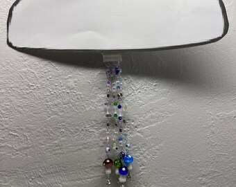 Rear View Mirror Decor with Dangling Holographic Evil Eye Beads with Glass Mushroom / Car Charm / Car Decor / Car Accessories / Evil Eye