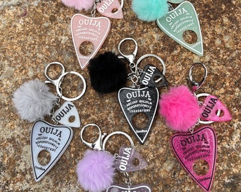 Acrylic Ouija Board Keychain with Clip and PomPom / Ghost Keychain / Spiritual Keychain / Halloween / Paranormal / Ghost Girl