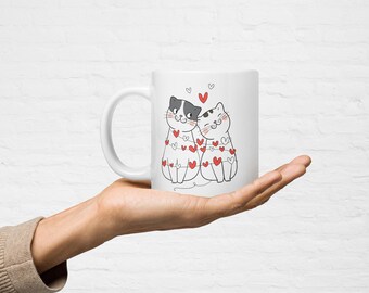 Cuddling Cats with Hearts Valentine's Day White Glossy Mug / Cat Lover Gift