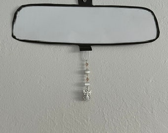 Rear View Mirror Decor with Guardian Angel Charm and White Tiger Eye Glass  Beads Car Charm Car Decor Car Accessories Car Protection